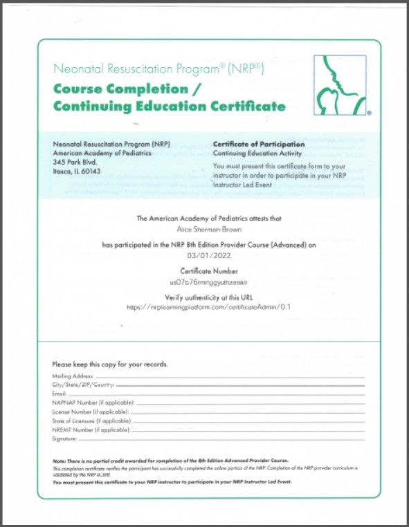 NRP Certificate of Completion